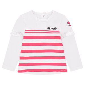 Camiseta de manga larga con punto de rayas y volante en las mangas 