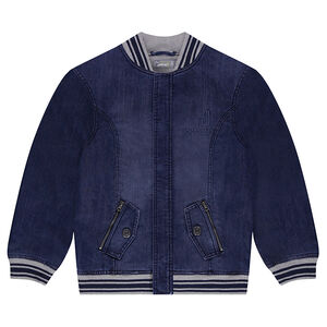 Júnior - Cazadora vaquera de estilo Teddy con bolsillos de cremallera 
