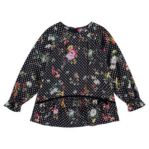 Vestido de manga larga de raso de algodón con lunares y flores all-over 