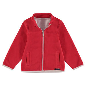 Chaqueta polar roja con cremallera e inscripción en relieve por detrás 