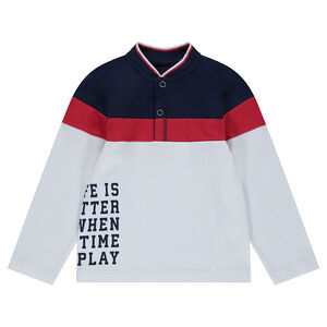 Polo de manga larga de algodón cosido con bandas que contrastan y bolsillo 