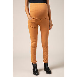 Pantalón de premamá ocre corte slim con banda superior 