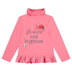 Camiseta interior de cuello vuelto con volantes en la parte inferior y texto estampado 