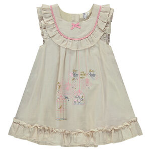 Robe manches courtes en voile de coton façonné avec oiseaux printés 