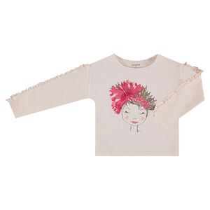 Camiseta de manga larga con volantes y estampado de fantasía 