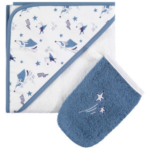 Conjunto de baño con capa con capucha estampado y guante bordado 