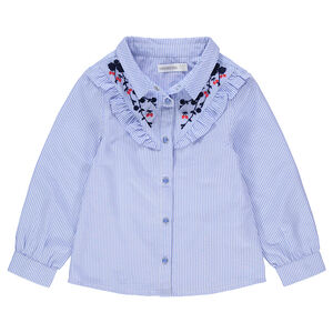 Camisa de manga larga con finas rayas all over y bordados 