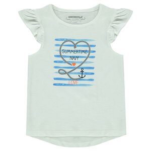 Camiseta de manga corta con volantes y estampado de fantasía 