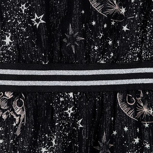 Vestido con volantes con dibujo de galaxia y elástico de rayas brillante 