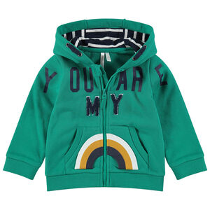 Chaqueta de felpa con capucha e inscripción de rizo de arcoíris estampado 