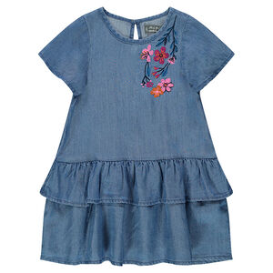 Vestido de volantes en Tencel con flores bordadas 