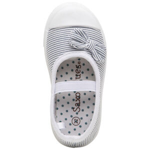 zapatos bébé en toile de rayas con hilos brillantes  y nudo 