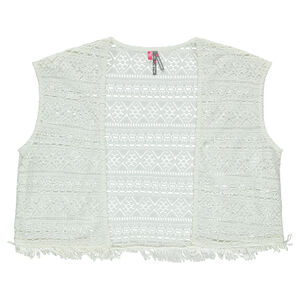 Júnior - Chaqueta tipo kimono sin mangas de ganchillo con flecos 