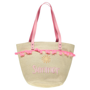 Bolso de paja con mensaje bordado y asas rosas  Main Bolso de paja con mensaje bordado y asas rosas