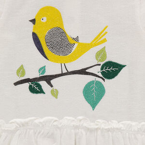 Camiseta estampada de manga larga con volante y pájaro estampado con hojas bordadas 