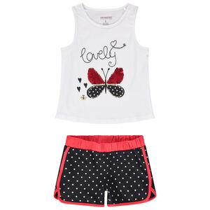 Conjunto on camiseta de mariposa con lentejuelas y pantalón corto de lunares 