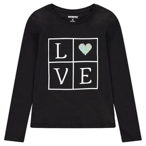 Júnior - Camiseta de manga larga con mensaje y corazón de lentejuelas mágicas 