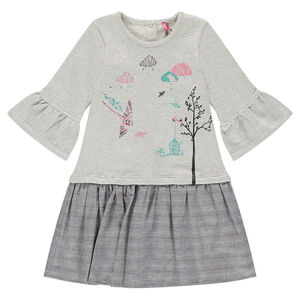 Vestido de dos materiales con efecto 2 en 1 con estampados de fantasía y mangas acampanadas 