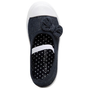 Merceditas de tela azul melange con hilos brillantes, lazo y tira elástica 