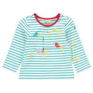 Tee-shirt manches longues rayé avec print oiseaux et pompons 