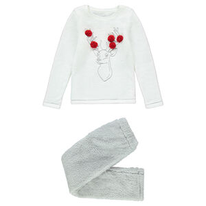 Júnior - Pantalón de Navidad de borreguillo con ciervo bordado y pompones 