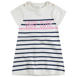 Vestido de manga corta de rayas de jacquard e inscripción bordada 