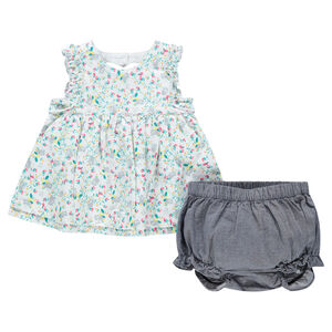 Conjunto con túnica de flores y bloomer con gato bordado 