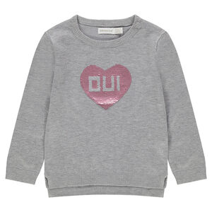 Jersey de punto gris jaspeado con corazón de lentejuelas mágicas  Main Jersey de punto gris jaspeado con corazón de lentejuelas mágicas