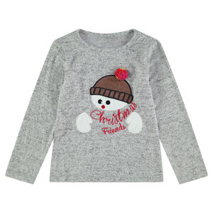 Camiseta de manga larga jaspeada de estilo navideño con muñeco de nieve bordado  Main Camiseta de manga larga jaspeada de estilo navideño con muñeco de nieve bordado