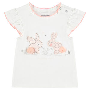 Camiseta de punto de manga corta con parches de conejos y borlas 
