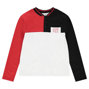 Júnior - Polo de manga larga tricolor con bolsillo estampado y cuello de estilo teddy 