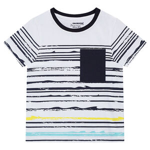 Camiseta de manga corta de rayas con efecto ola y bolsillo 