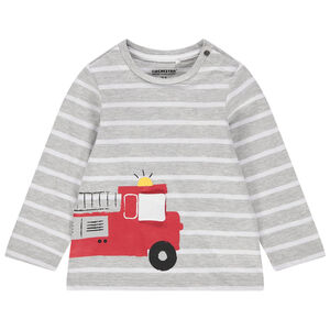 Camiseta de manga larga de algodón ecológico de rayas y camióin de bombero estampado 
