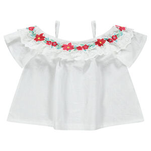 Top con volantes con hombros de punto calado con flores bordadas 