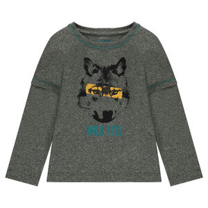 Camiseta de manga larga de efecto 2 en 1 con lobo estampado 