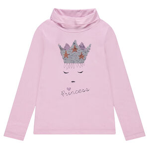 Camiseta de cuello alto con corona de lentejuelas mágicas 