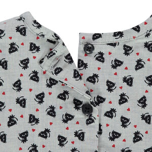 Vestido de manga larga estampada con gatos all over y lazos de terciopelo 