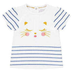 Tee-shirt manches courtes avec print chat et rayures 