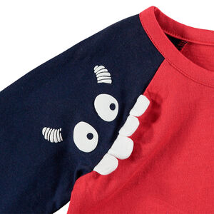 Camiseta de manga larga bicolor con monstruo estampado y dientes de relieve 