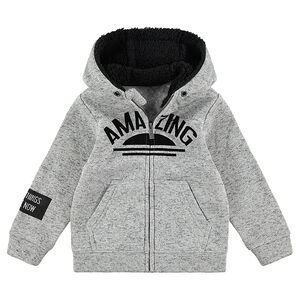 Chaqueta de felpa jaspeada con capucha con forro de borreguillo y textos estampados 