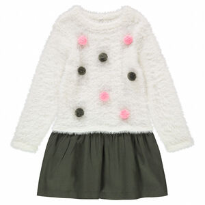 Vestido bimaterial con pompones de colores 