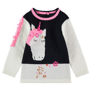 Jersey de punto con unicornio de jacquard y cresta con flecos 