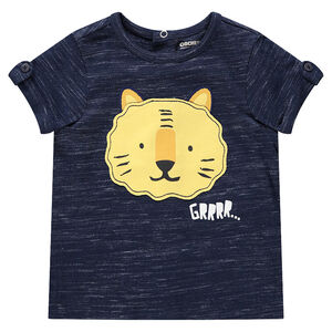 Camiseta de manga corta de punto jaspeado con tigre estampado 