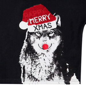 Camiseta de manga larga de efecto 2 en 1 con estampado delantero de lobo navideño 