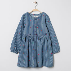Robe manches longues rayée en chambray à coeurs brodés pour enfant fille 