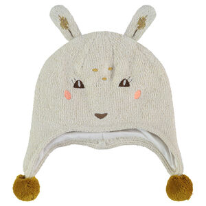 Gorro peruano de punto con orejas de relieve y pompones 