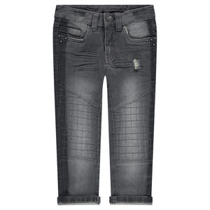 Vaqueros con efecto gastado y arrugado con ribetes de fantasía 