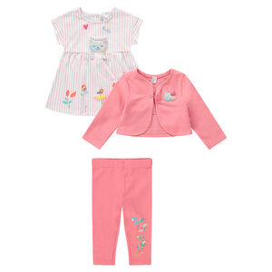 Conjunto con túnica de rayas y chaqueta con leggings cortos estampados 