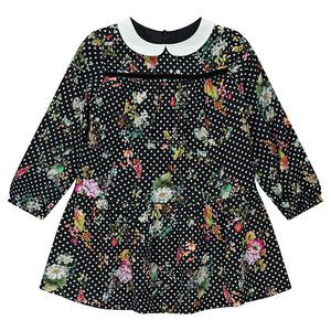 Vestido de manga larga de raso de algodón con lunares y flores all-over 