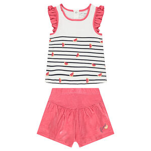 Conjunto de punto con camiseta de rayas y pantalón corto acampanado liso 